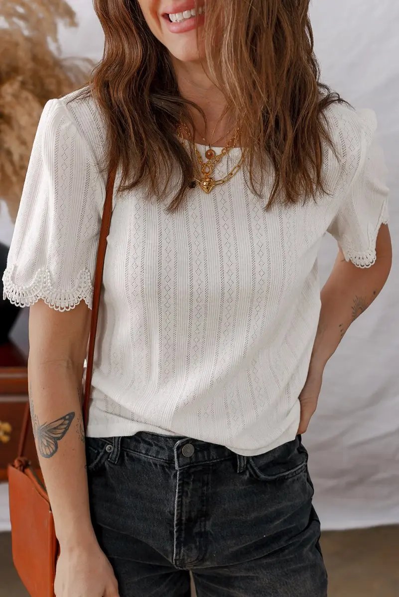 White Scalloped Lace Trim Jacquard Textured T Shirt for Women - Love Salve